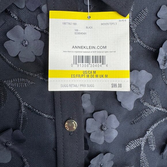 NWT Anne Klein Black‎ 3D Floral Sheer Blouse Size Medium Whimsigoth Maximalist - Picture 3 of 8